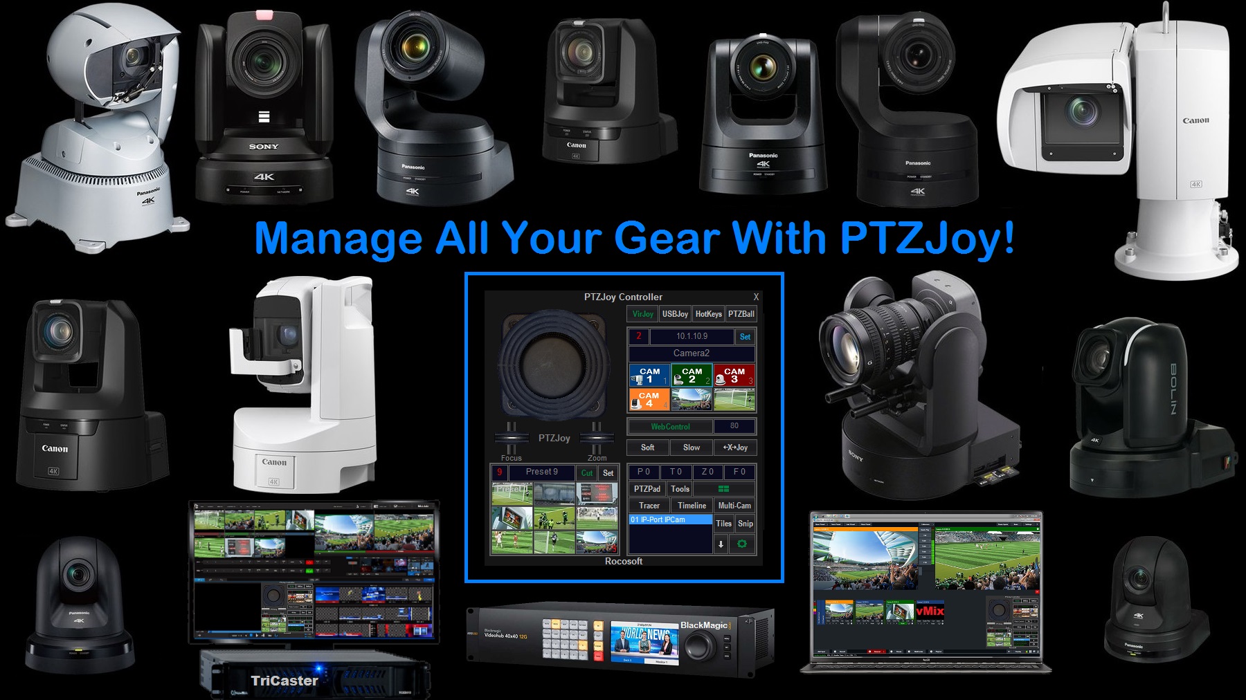 PTZ Camera Joystick Controller for Sony, Canon, Panasonic, Newtek, BirdDog, PTZOptics, Datavideo, TriCaster, Blackmagic, vMix, and more