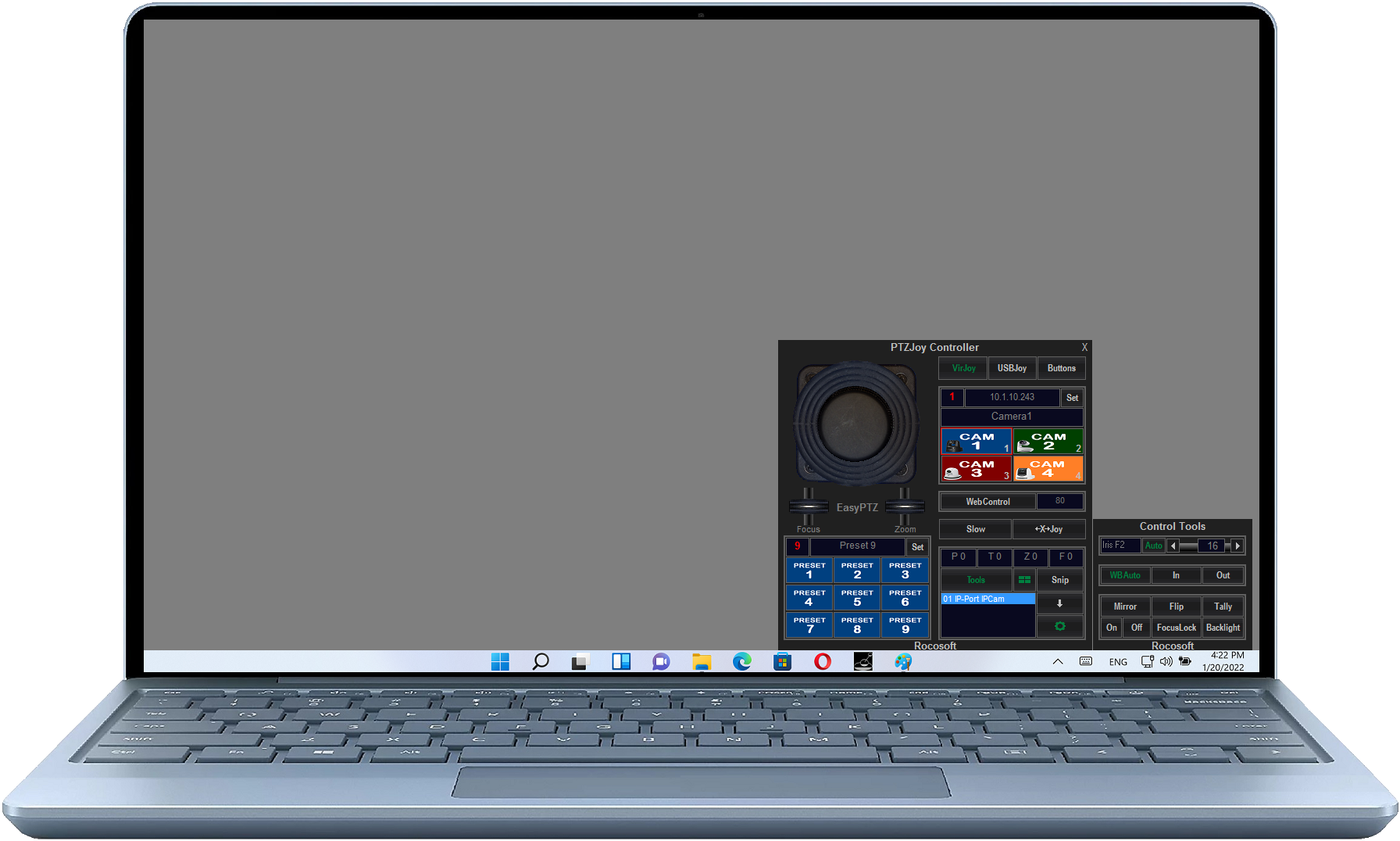 Rocosoft PTZJoy PTZ Camera Control Software on Windows Surface